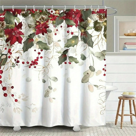 1pc Festive Red Holly & Berry Christmas Shower Curtain - Polyester, No-Drill Hanging, Machine Washable, Perfect for Holiday Bathroom Decor, 72x72 inch