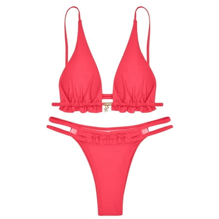 JIANJIA Womens Swimsuits Solid Color Sexy Spaghetti Strap Brassiere With Thongs Swimsuit Two Piece Bikinis Swimwears Activewear Pink Xl