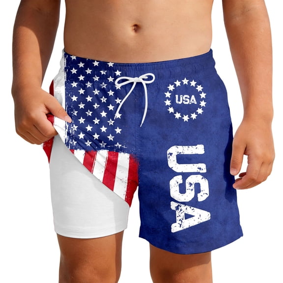 Kids Boys USA 250th Anniversary Stars and Stripes Print Swim Trunks Knee Length Double Layer Design Patriotic Theme Casual Summer Beach Shorts Blue 5 Years-6 Years