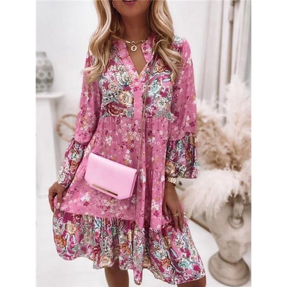 Women's Long Sleeve Dress Print A-line Elegant Pleated Casual Beach Skater Dress Flared Sleeve V-Neck Midi Dresses