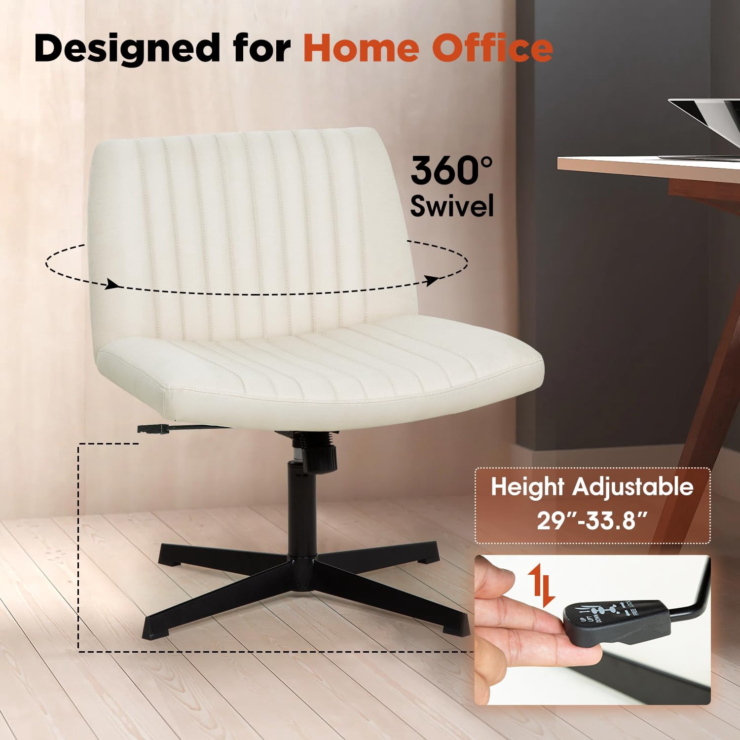 Vanity Chair Criss Cross Legged Chair Armless Office Desk Chairs Height Adjustable Computer Chair No Wheels Wide Seat Ergonomic for Bedroom Living Room, Beige