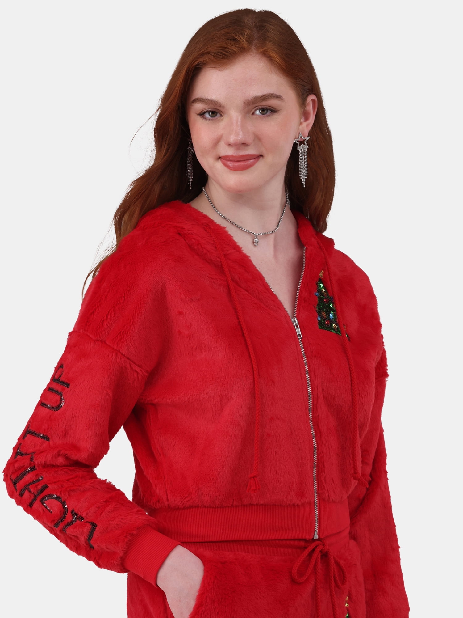 No Boundaries Faux-Fur Christmas Track Suit, 2-Piece, Women's and Women's Plus