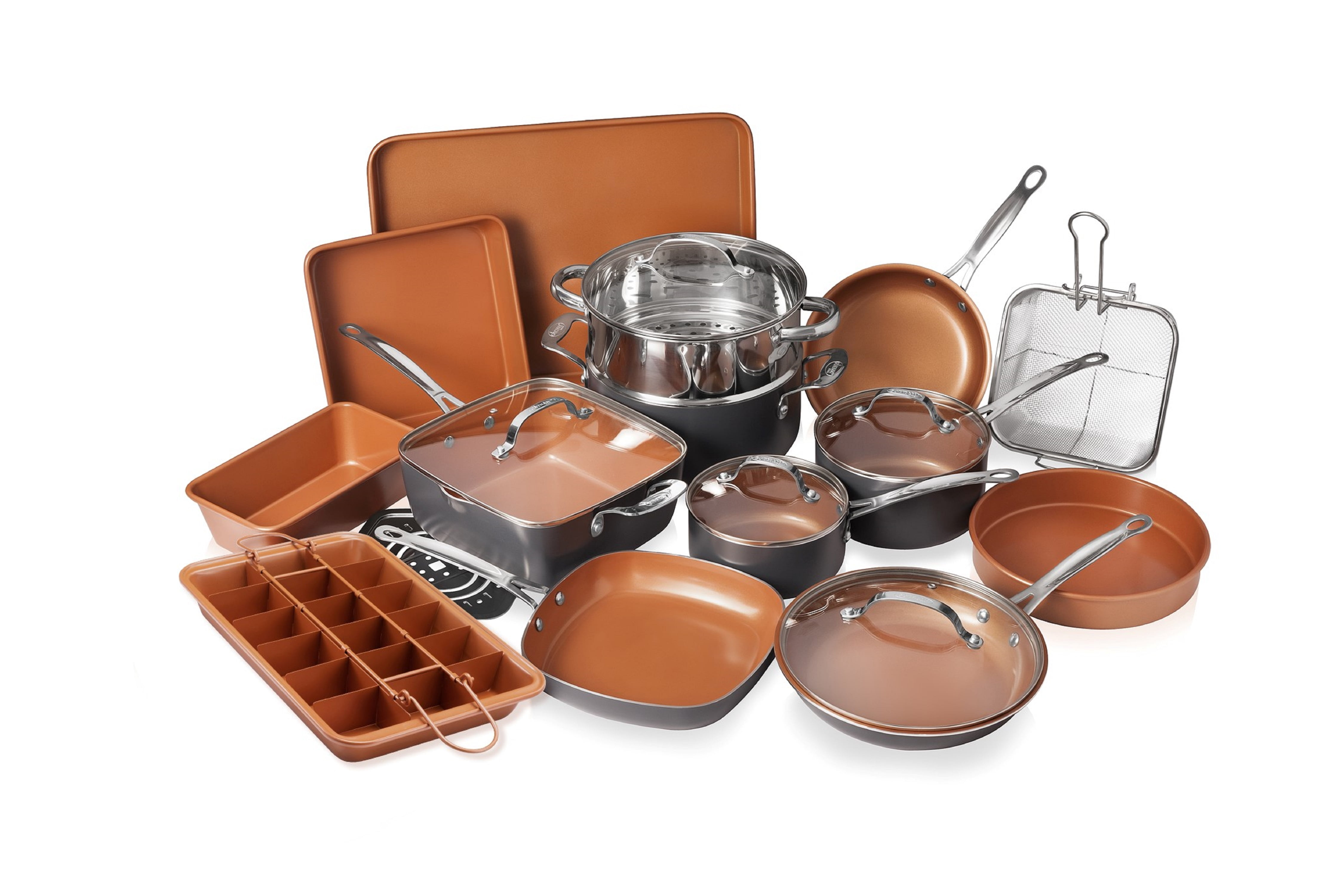 Gotham Steel 20 Piece All in One Kitchen Cookware + Bakeware Set with Non-Stick Ti-Cerama Copper Coating – Includes Skillets, Stock Pots, Deep Square Pan with Fry Basket, Cookie Sheet and Baking Pans