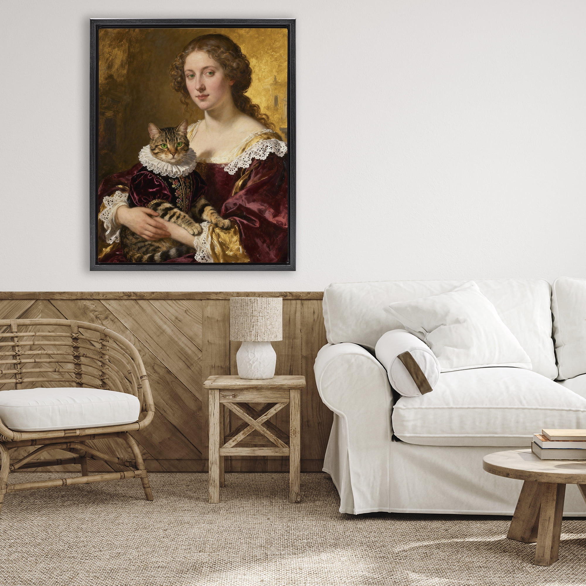 Stupell Industries Renaissance Lady with Regal Cat Black Framed Floater Canvas Wall Art, design by CAD Designs