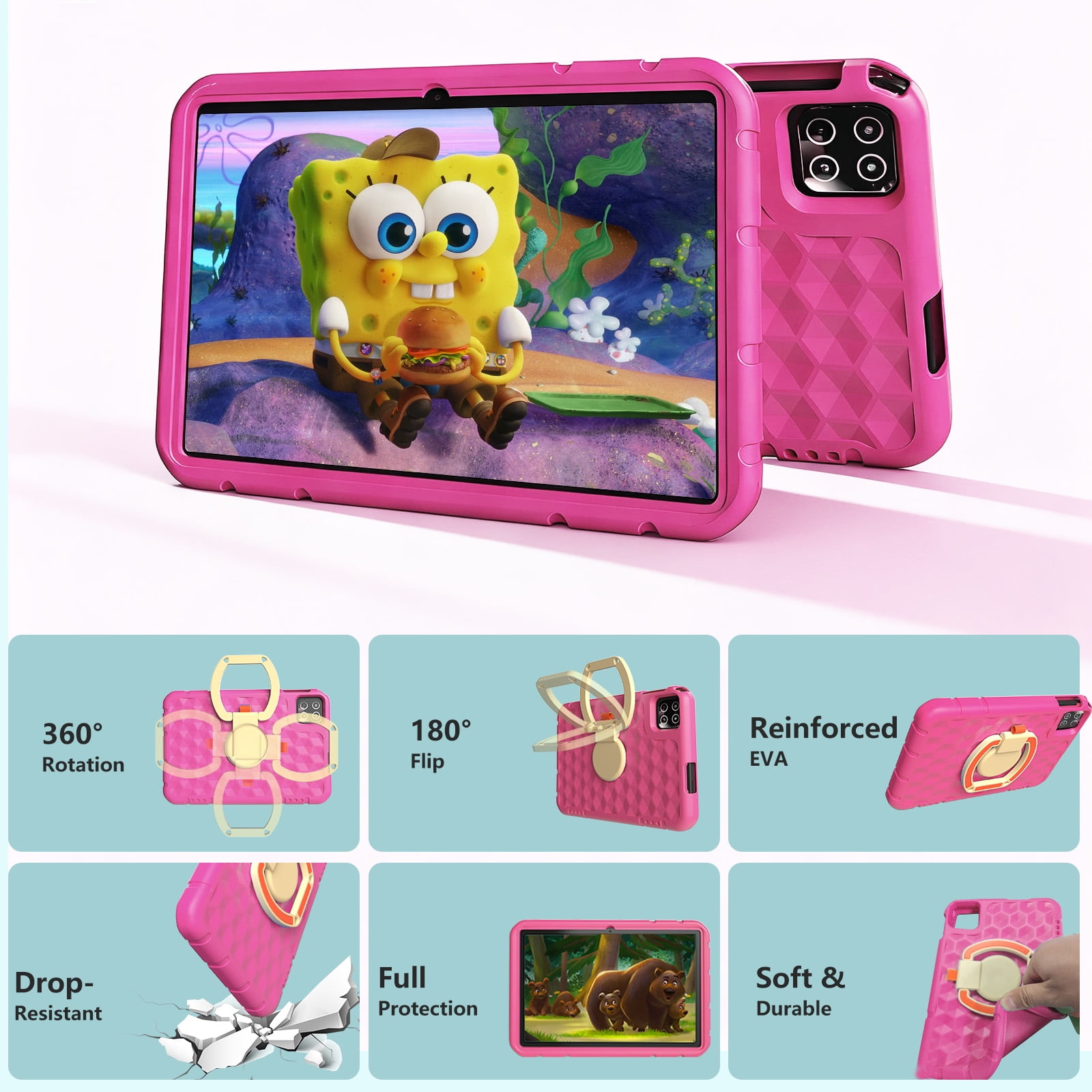 Kids Tablet 10.1 inch Android 15 Octa-Core Tablets with Drop-proof Case, 20GB ROM 128GB, 1TB TF Card Expandable, Parental Control, WiFi 6 and Bluetooth, Pink