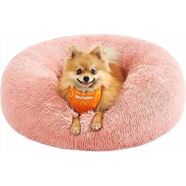 Feandrea Cama de Perros, Cama para Mascotas, Diámetro de 60 cm, Cojín Central Extraíble y Lavable, Alfombra de Felpa, Rosa