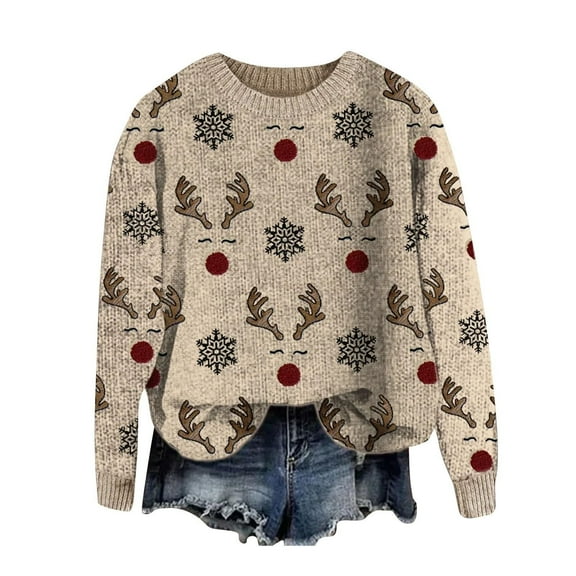 Womens Christmas Vintage Fair Isle Sweater Crewneck Long Sleeve Knitted Pullover Fall Winter Loose Sweater Tops Pink S