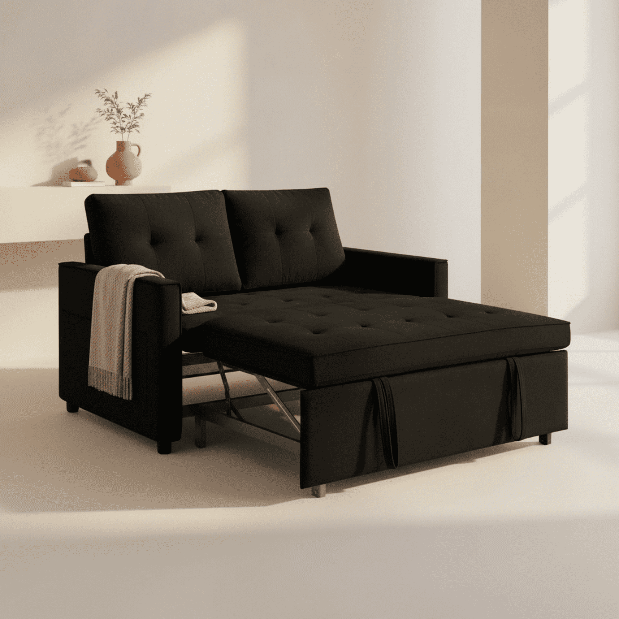 Gewnee Black Velvet Convertible Loveseat with Adjustable Backrest and Storage Pockets
