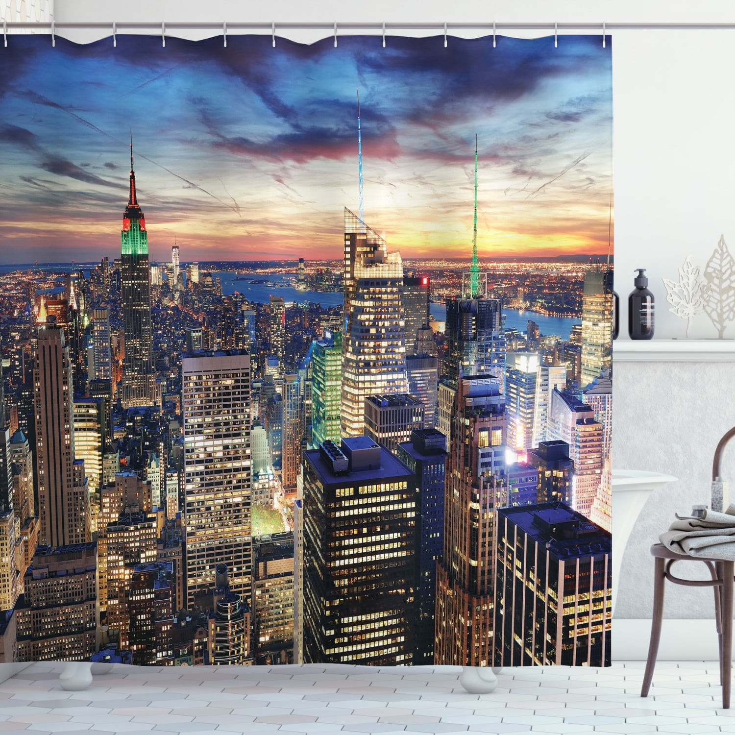 New York Scenery Bathroom Waterproof  Fabric Shower Curtain Liner Bath Mat Set 
