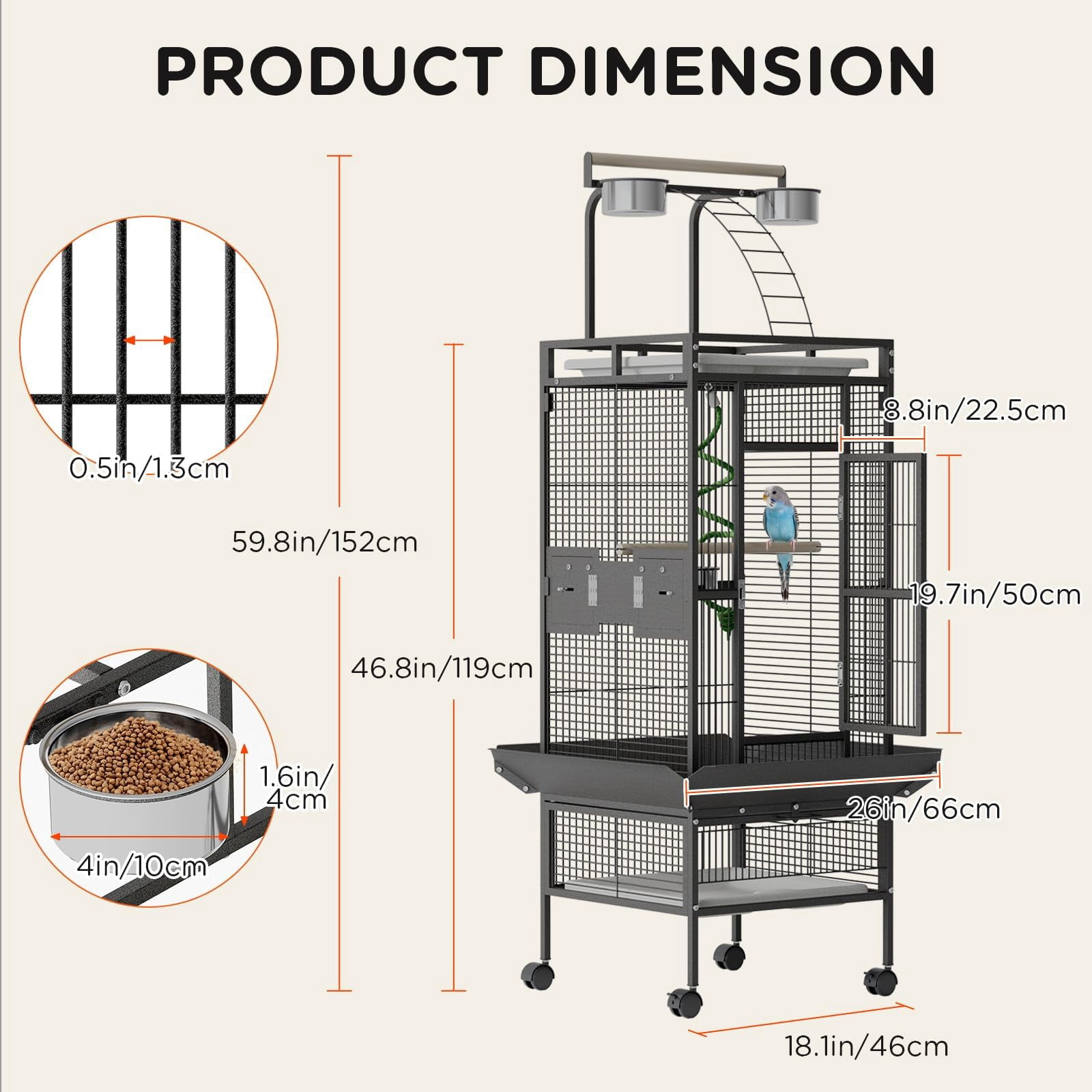 Large 60" Wrought Iron Bird Flight Cage with Rolling Stand & Play Top – Heavy Duty Parrot Cage with 4 Stainless Steel Bowls for African Grey, Cockatiel, Conure, Parakeet, Black