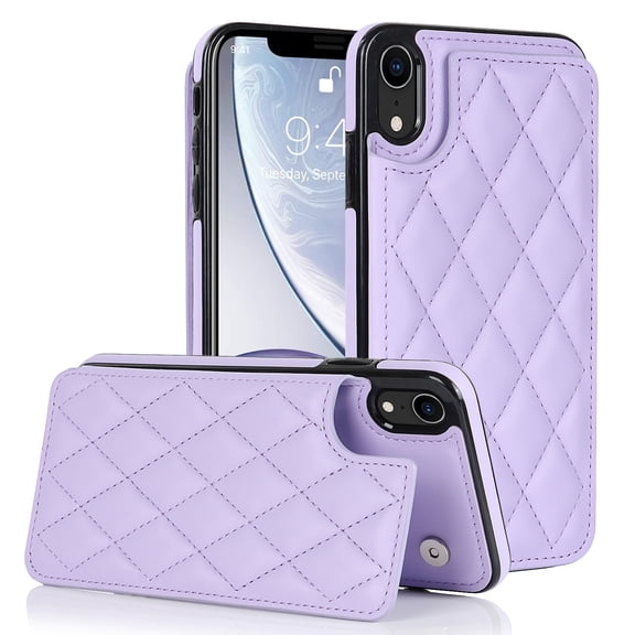 Case Compatible with iPhone XR, Stylish Card Slots Kickstand PU Leather Back Case Magnetic Closure RFID Blocking Drop Protective Shockproof Cover for iPhone XR, Purple