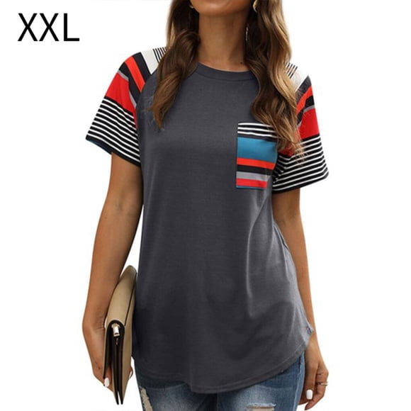 Women T-shirt Stripe Printed Short Sleeve Top Stripe T-shirt Short Sleeve Summer Causal T Shirt, Gray, XXL