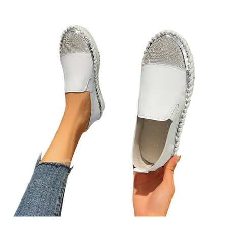 Oyedens Rhinestones Platform Slip on Walking Loafers for Women Casual Flats Fashion Canvas Shoes