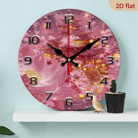 2D Flat, 1pc, 10-Inch Silent Floral Wood Veneer Wall Clock Pink for Lotus Cherry Blossom Design, Round Battery-Powered Clock for Living Room, Bedroom, Kitchen Aesthetic Home and Office Decor