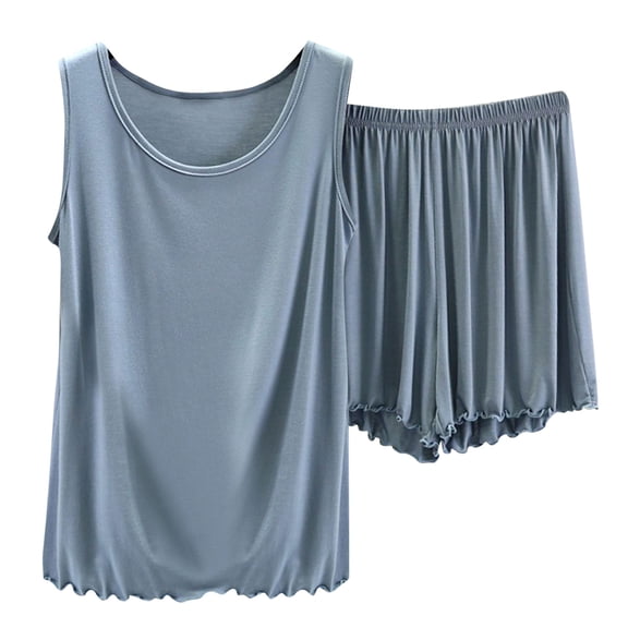 Paiwinds Women's Round Neck Sleeveless Pajama Set Soft Breathable Modal Cotton Polyester Blend Loose Shorts and Top for Hot Summer Cool Comfortable Sleepwear Loungewear