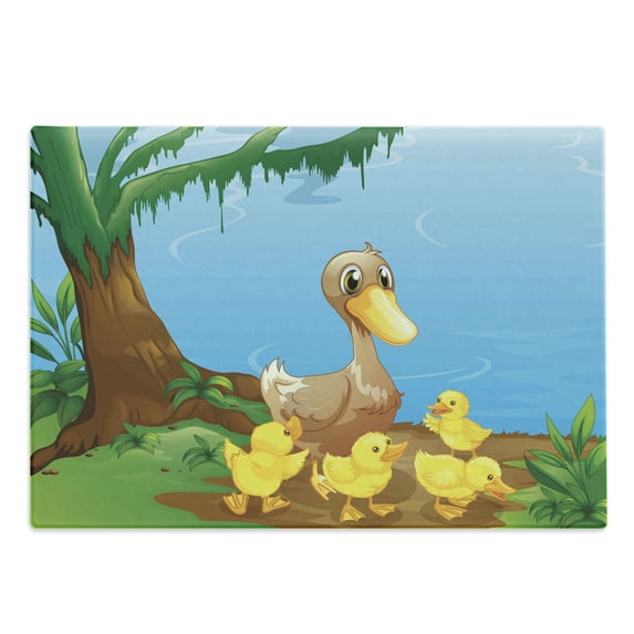 Duck Cutting Board, Illustration of Duck and Her Ducklings at Riverbank Tree and Grass Cartoon Style, Decorative Tempered Glass Cutting and Serving Board, Large Size, Multicolor, by Ambesonne