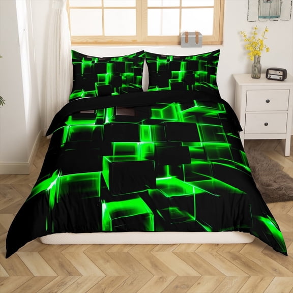 Erosebridal Futuristic Cubes Comforter Cover Twin,Neon Green Bedding Twin Size,Breathable Reversible Comforter Cover Twin,Geometric Room Decorative,3-Piece(No Comforter)