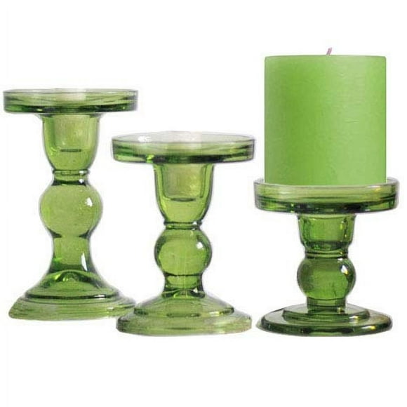 KiaoTime Set of 3 Green Glass Pillar Candle Holder Candlestick Taper Candle Set Home Wedding Decor