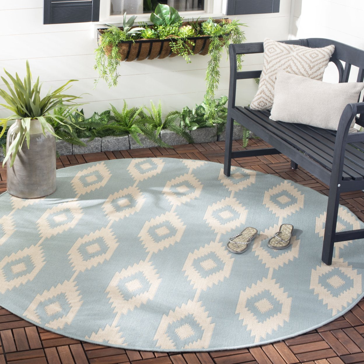 SAFAVIEH Beach House Vasiliki Geometric Indoor/Outdoor Area Rug, Cream/Aqua, 8' x 10'