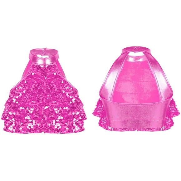 YiZYiF Girls Sequins Dance Tops Sparkly Glitter Jazz Latin Dance Outfits Crop Tops Modern Dance Costume Vest Hot Pink 12