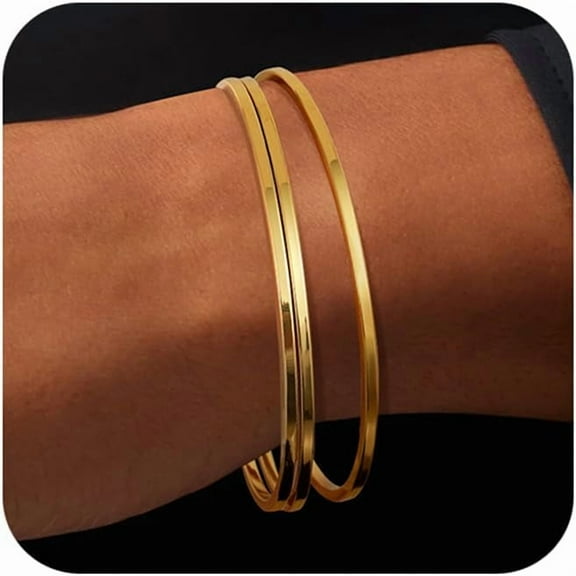 Gold Bangles for Women 18K Gold Plated Stainless Steel Glossy Stackable Thin Round Bracelets Solid Plain Polished Bangles Bracelets Set of 3 Jewelry for Women[u169]