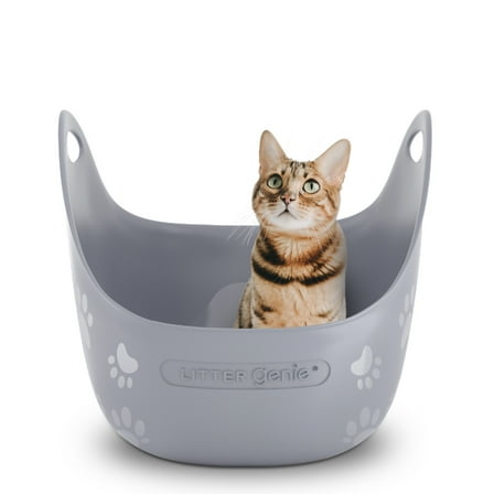 Litter Genie High-Sided Cat Litter Box with Handles, Silver