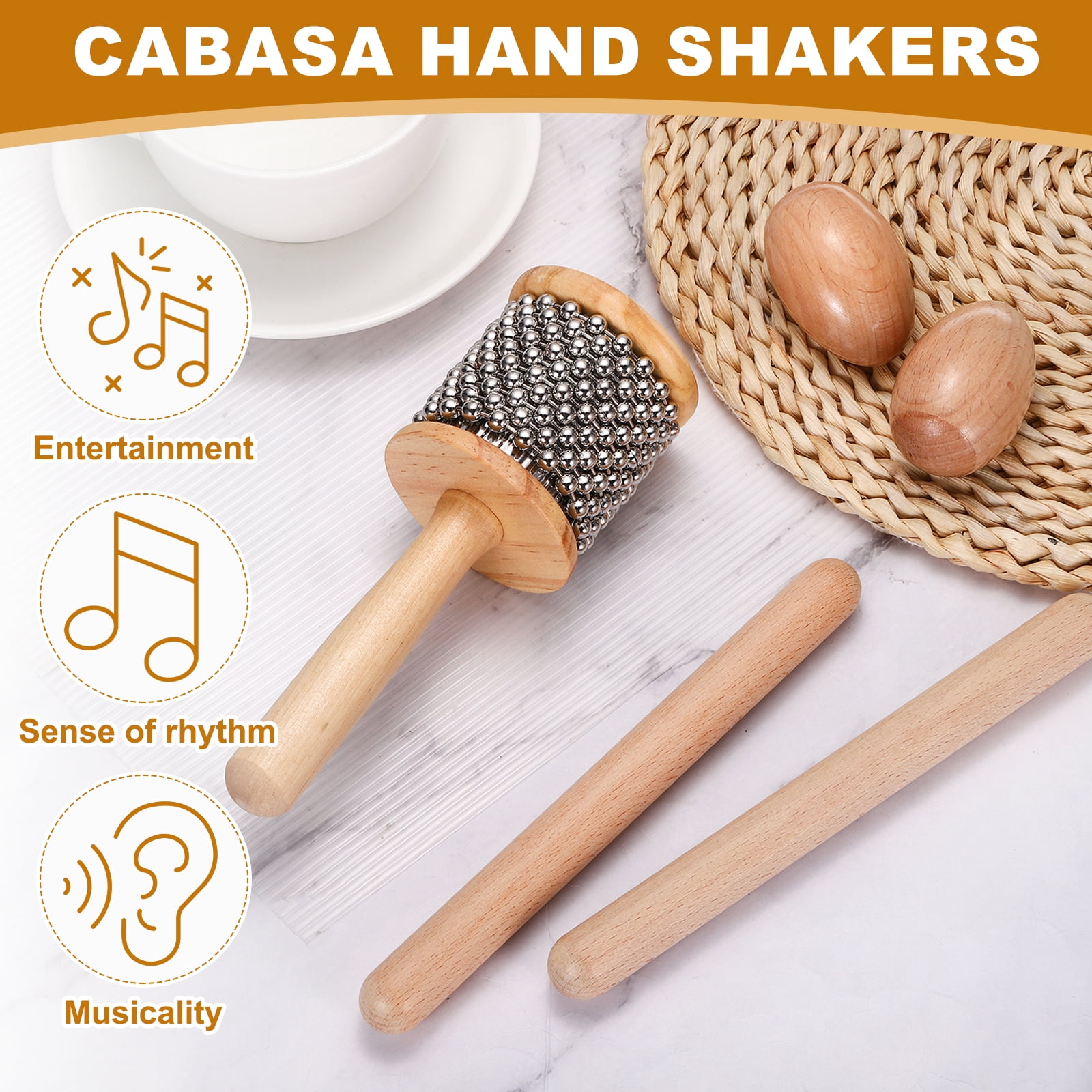 Uxcell Wooden Cabasa Percussion 3.3" Music Hand Shaker Musical Instrument with Metal Beads for Band Music Education Party Performance(Wood Color)