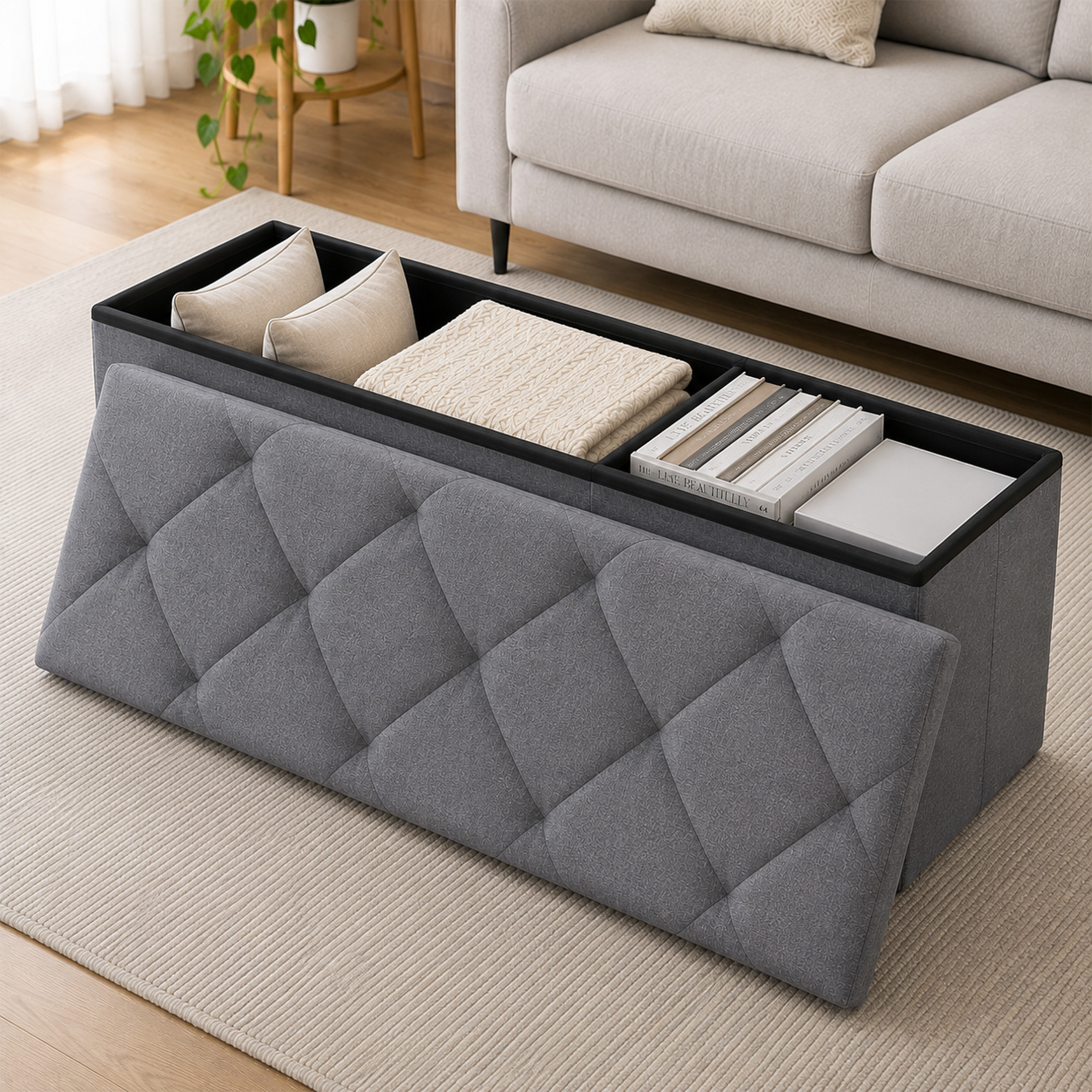 Nnovaroom 43-Inch Folding Storage Ottoman Bench, Gray photo 1