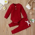 thumbnail image 2 of newwalpole Winter Newborn Baby Boy Girl Clothes Set Ribbed Outfits Unisex Infant Solid Long Sleeve Tops Pants 2PCS Red for Size 0-3 Months, 2 of 5