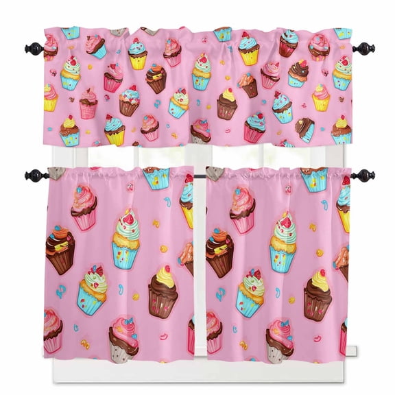 Pink Cake Kitchen Curtains Valances and Tiers Set of 3, 36 Inch Length Tier Curtains and Valance Rod Pocket Valance Curtains Set for Kitchen Bathroom Small Windows