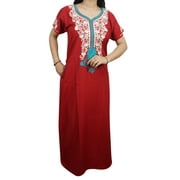 Mogul Womens Caftan Nightwear Red Embroidered Maxi Dress Cotton Kaftan Nightdress Sleepwear L