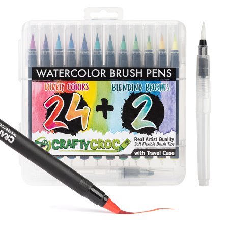 Crafty Croc Watercolor Brush Pens, Vibrant Colors with Real Nylon Brush Tips
