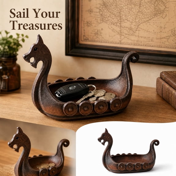 Viking Ship Trinket Tray — Plastic Catchall Dish for Keys Jewelry Entryway, Decorative Desktop Organizer with Boat Shape, Small Storage Bowl for Countertop Hallway