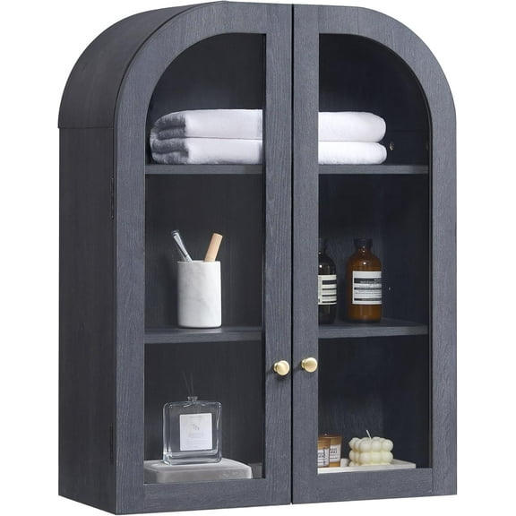 Arched Bathroom Wall Cabinet Over The Toilet Storage Cabinet, 23.6"x31.5" Wood Medicine Cabinet Wall Mounted with Glass Doors & Adjustable Shelf, Floating Wall Cabinet for Bathroom, Laundry, Black