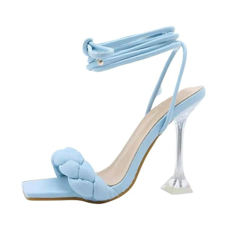 

Women s Lace Up Stilettos Open Toe Sandals Braided Square Toes Leather Comfortable Strappy Dress