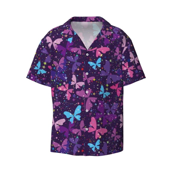 Ratiio Bright Purple Butterflies Print Mens Casual Short Sleeve Shirts Button Down Textured Shirts Summer Beach Shirt with Pocket Men's Casual Short-sleeved Shirt