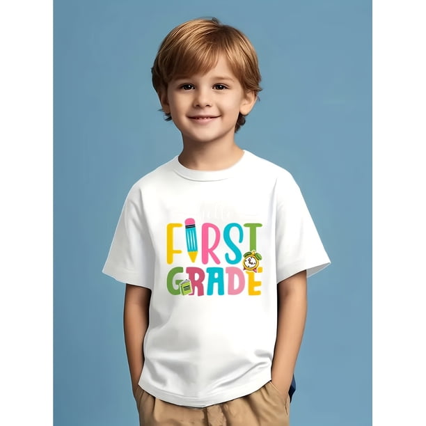 Hello First Grade" Boys' Casual T-Shirt - Vibrant "Hello First Grade" Print with Pencil & Stars, Crew Neck, Short Sleeve, Breathable Polyester, Perfect for School Season & Summ