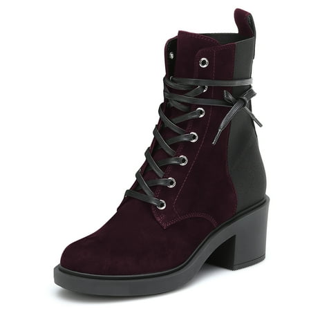 YDN Women s Closed Round Toe Lace Up Combat Booties Chunky Block Low Heel Ankle Boots Winter Date Party Shoes Size 9.5 Dark Red