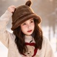 thumbnail image 3 of Ferjadq Kids Fuzzy Fleece Cat Ear Bucket Hat Short Brim Cute Winter Fisherman Cap for Toddler Girls Multi Tone Coffee,2-8 Years, 3 of 5
