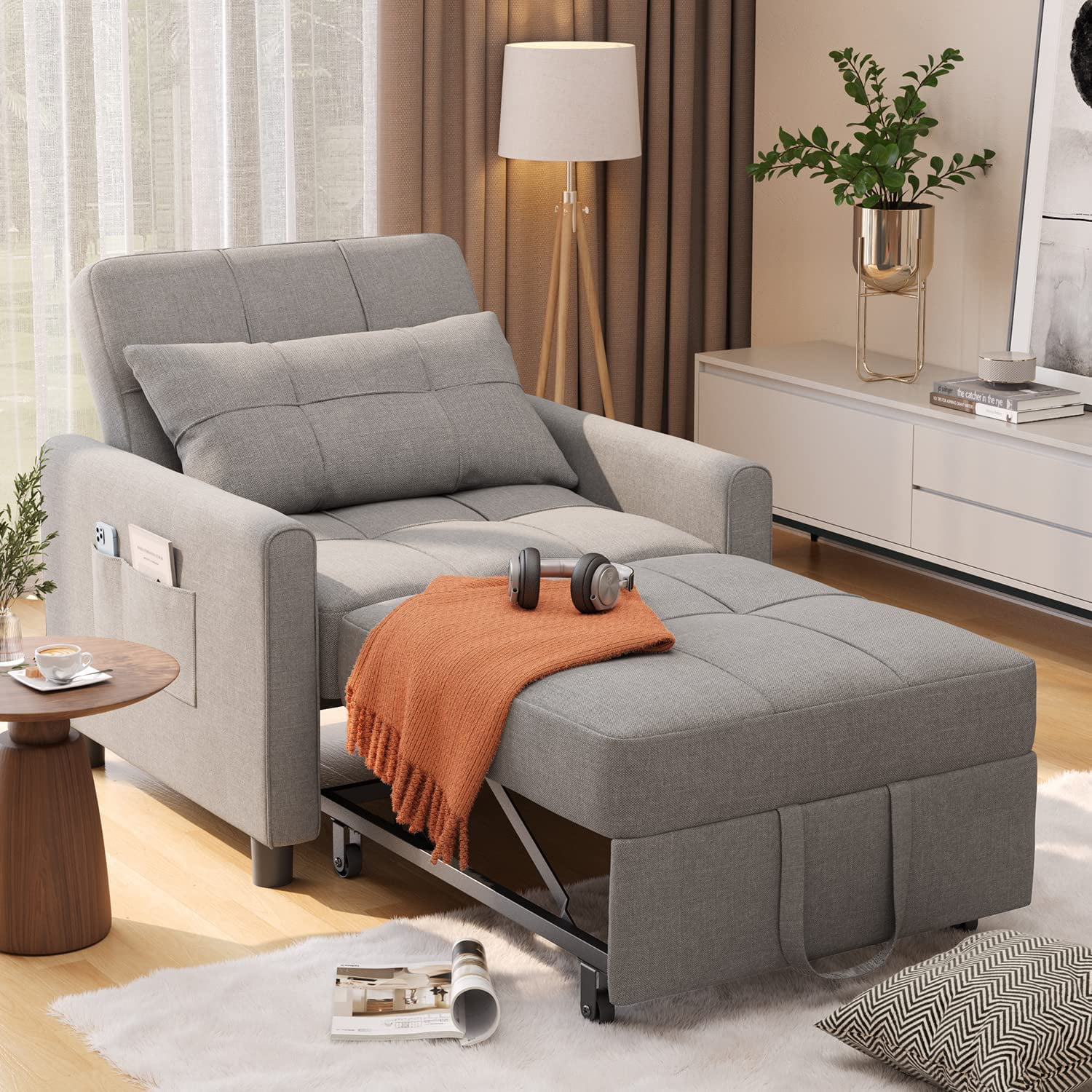 Aiho Convertible Chair Bed 3 in 1, Multi-Functional Adjustable Recliner, Sofa, Bed, Single Bed Chair with Modern Linen Fabric,Grey
