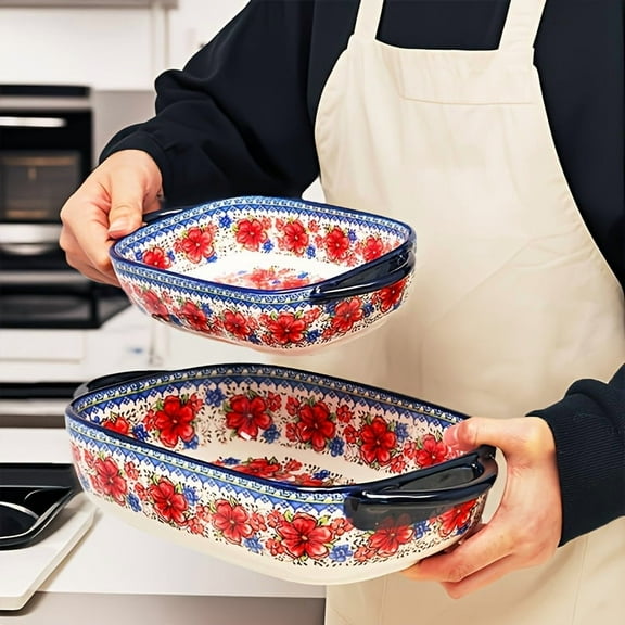2-Piece Bohemian Porcelain Baking Dishes, 13-Inch Rectangular Baker Set, Oven-Safe Casserole & Pie Pan for Home Chefs
