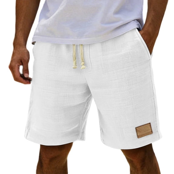 Besolor Men's Shorts Cotton Linen Casual Elastic Waist Drawstring Summer Lightweight Loose Beach Shorts with Pockets(X-Large,White)