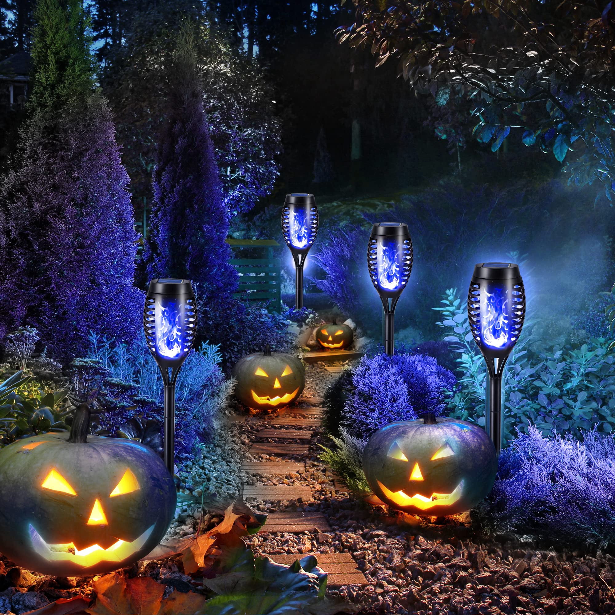 Toodour Solar Halloween Lights Outdoor, 12 Pack LED Solar Torch Lights with Flickering Flame, Waterproof Halloween Decorations for Patio Garden Yard Pathway Landscape, Blue