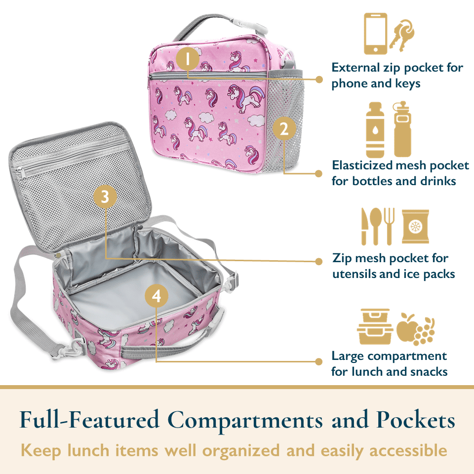 ComfiTime Lunch Bag for Kids – Insulated Lunch Box for Girls and Boys, Cute Reusable Cooler Bag with Zipper Pockets, Bottle Holder, Padded Handles and Shoulder Strap (Pink Unicorn)