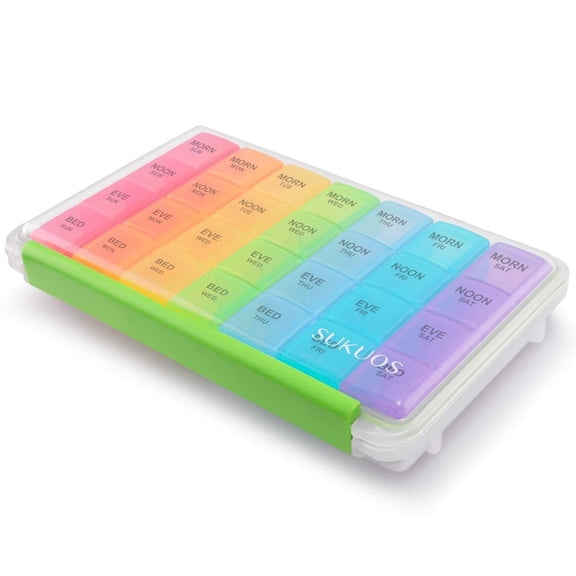 Sukuos 7 Day Weekly Pill Organizer with 4 Times a Day Compartment (Morn, Noon, Eve, Bed), Daily Pill Box Planner for Pills, Vitamins, Fish oil, Supplements, Large with Moisture Proof & Dust, Rainbow