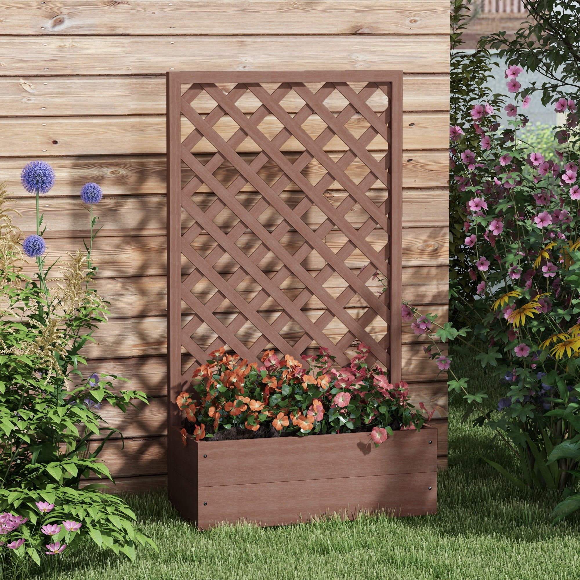 Garden Pots Outsunny Raised Garden Bed with Trellis Lattice, Wood Planter Box with Self Draining Gap, Freestanding Trellis Planter for Climbing Plants, Vines, Flowers, 29.5" x 13.25" x 53.25", Light