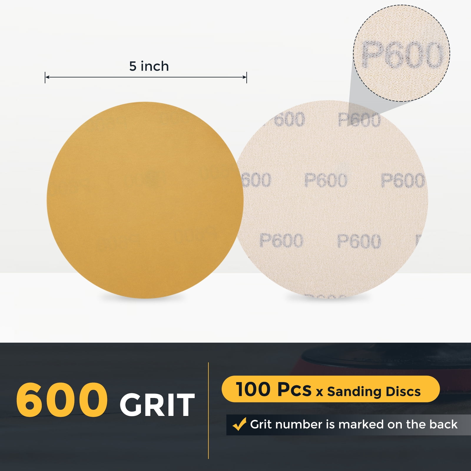 100 Pcs 5 Inch Sanding Disc 600 Grit Hook and Loop Sandpaper Random Orbital Sander Pads for Woodworking Automotive, Gold