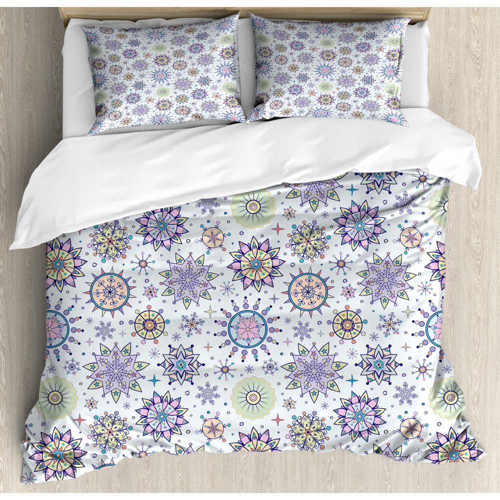 Winter Duvet Cover Set Queen Size, Pastel Colored Detailed Floral