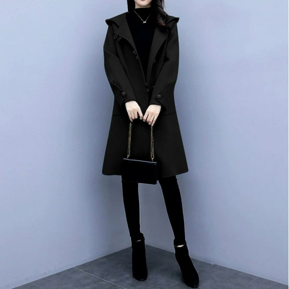 Aboser Womens Elegant Peacoats with Hood Trendy Double Breasted Long Jackets Dressy Casual Lapel Collar Woolen Coats Business Work Outerwear Ladies Jacket Coat Black S