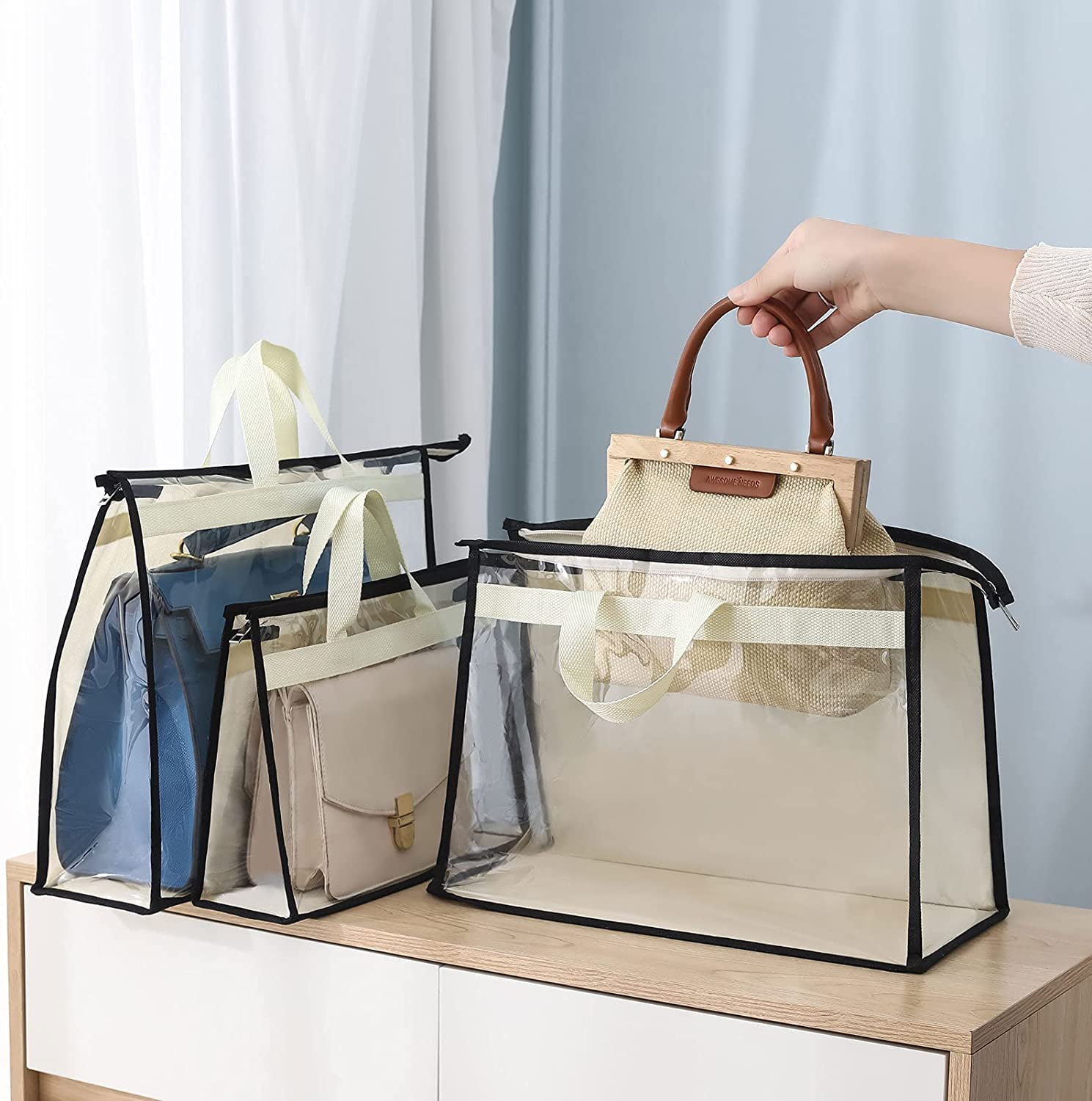 5 Pack Dust-Proof Transparent Handbag Storage Bags Purse Organizer-Gray